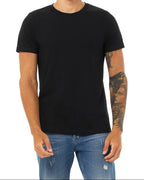 Man wearing a black t-shirt and blue jeans on a white background