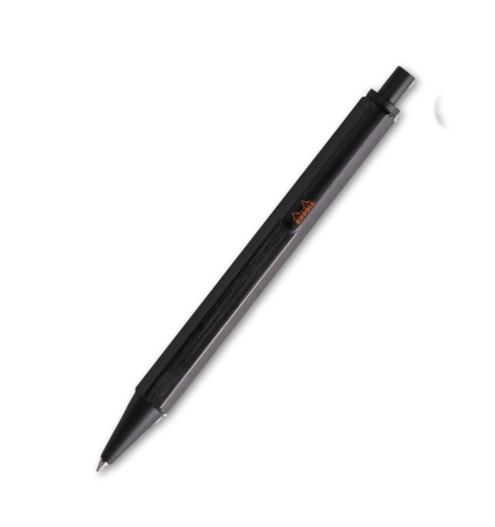 Black pen with a visible brand logo on a white background
