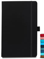 Black notebook with a stack of colorful books on a white background