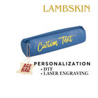 Blue pouch with 'Custom Text' on a white background, featuring the Lambskin brand.