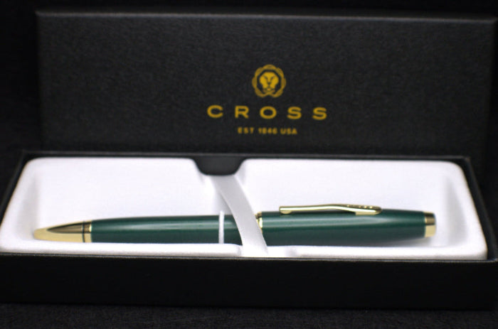 Green pen with gold accents in a Cross branded box