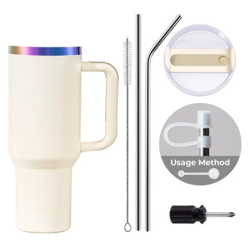 White mug with rainbow rim, metal straw, cleaning brush, and additional components on a white background