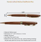 Handcrafted walnut ballpoint pen with dimensions and material details on a white background