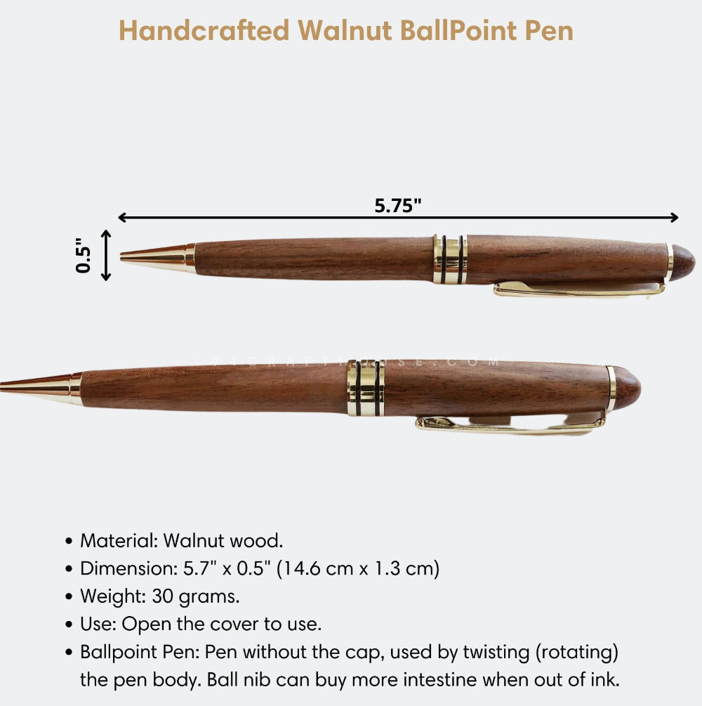 Handcrafted walnut ballpoint pen with dimensions and material details on a white background