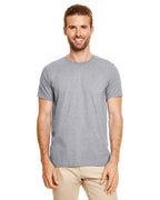 Man wearing a gray t-shirt on a white background