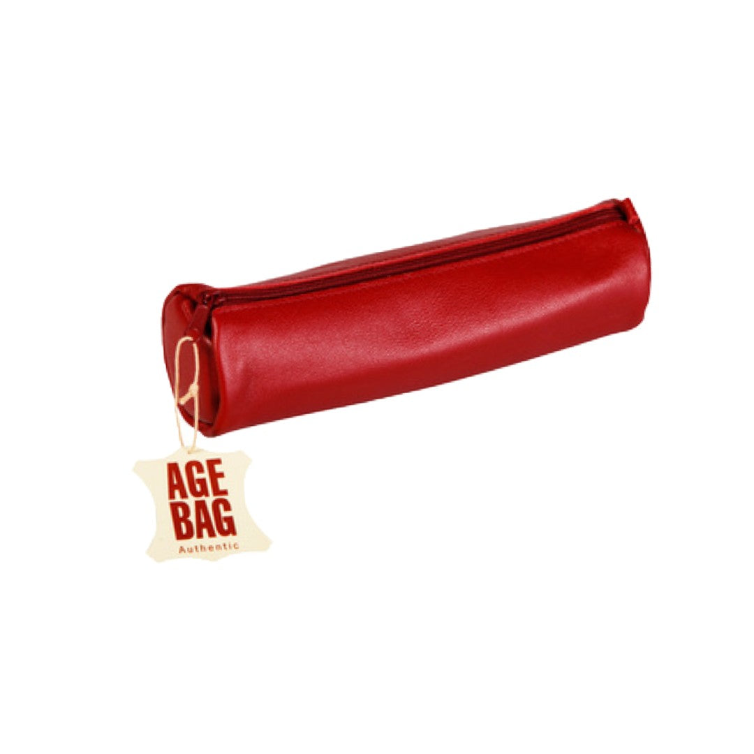 Red leather clutch bag with 'AGE BAG' tag on a white background