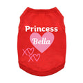 Red pet shirt with 'Princess Bella' text and heart design on a white background