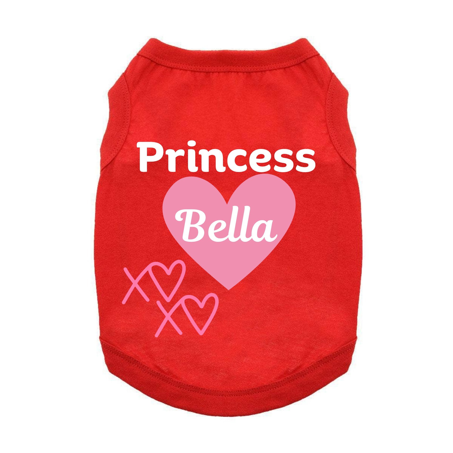 Red pet shirt with 'Princess Bella' text and heart design on a white background