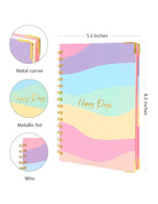 Multicolored notebook with metal corner, metallic foil, and wire binding features on a white background.