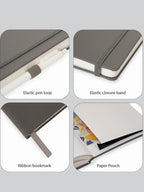 Collage of a notebook with features like an elastic pen loop, closure band, ribbon bookmark, and paper pouch on a light gray background.