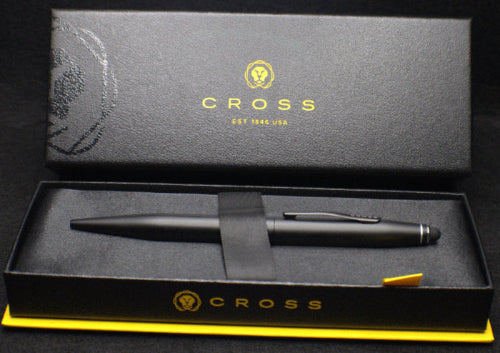 Black pen in a Cross branded box on a black background