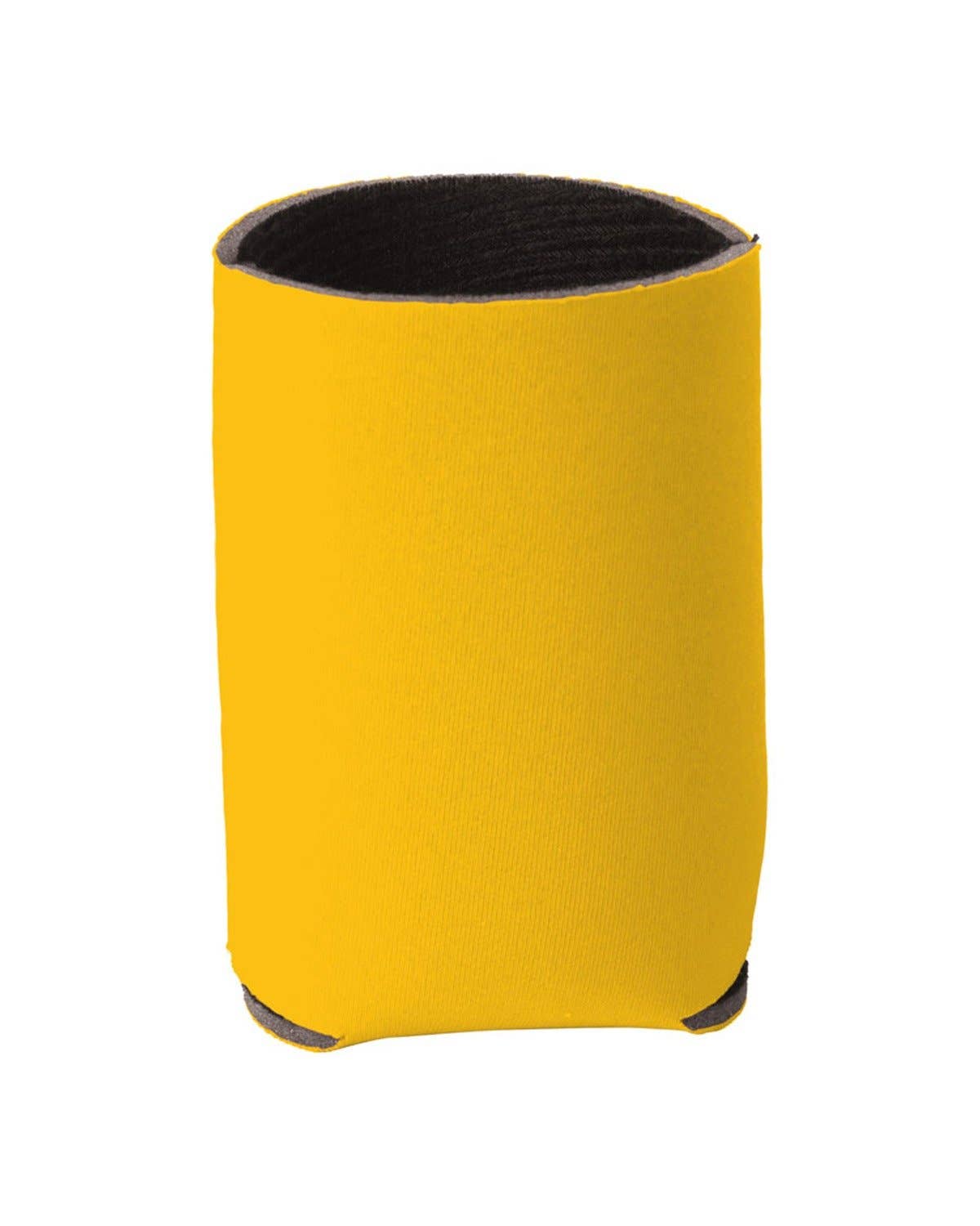 Yellow can cooler with black interior on a white background
